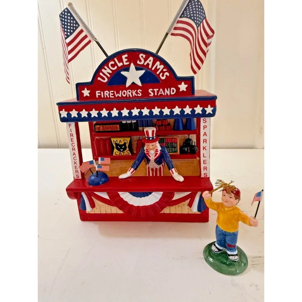 Dept 56 Uncle Sam's Fireworks Stand 2Pc Figures July 4th #54974 Retired